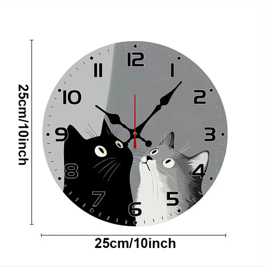 Black and White Cats Wooden round Silent Hanging Wall Clock, Suitable for Living Room,Office,Study Room,Bedroom, Home Decoration