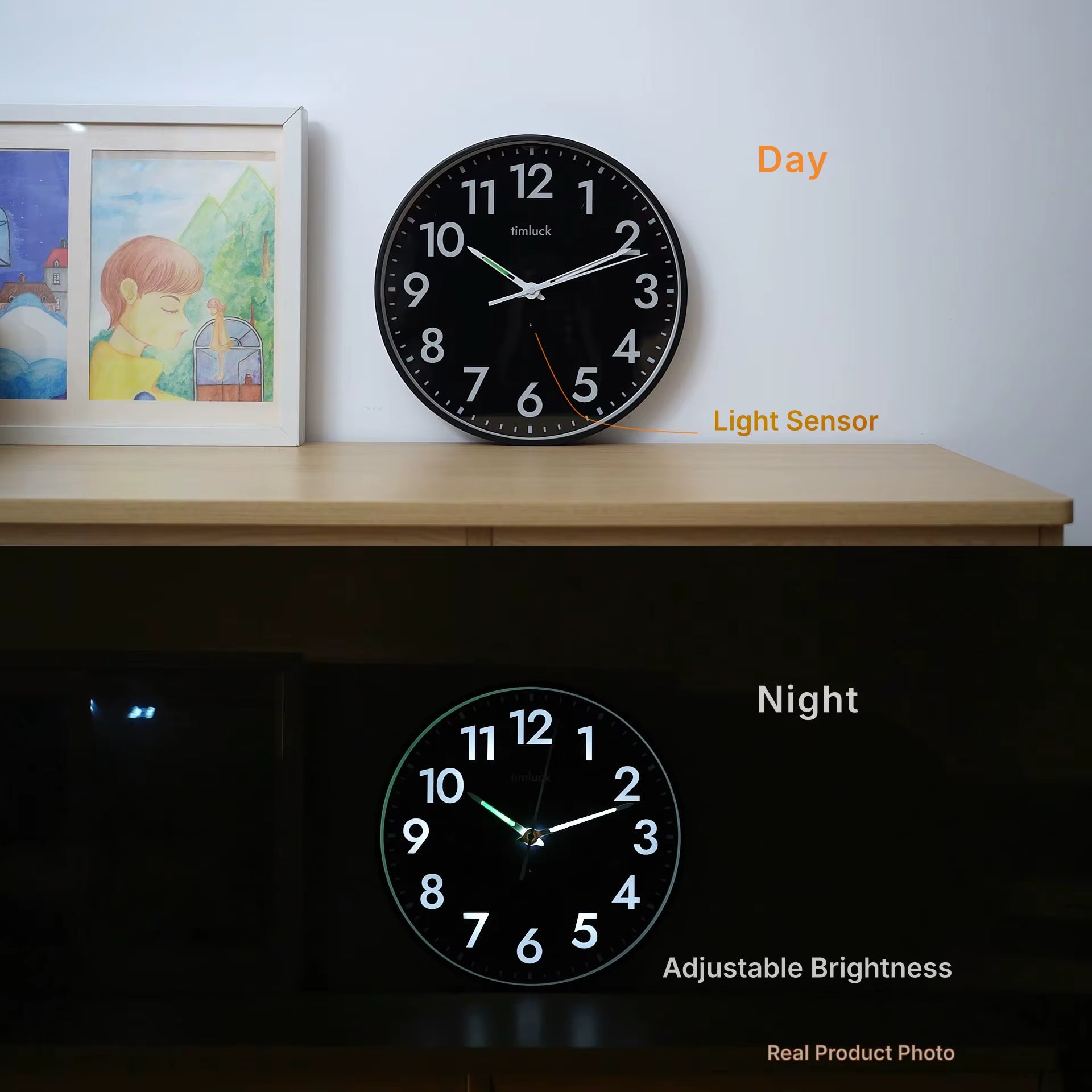 Silent Non-Ticking LED Wall Clock with Light Sensor, Auto-Illuminated Numbers & Hands, Adjustable Brightness, Non-Fluorescent