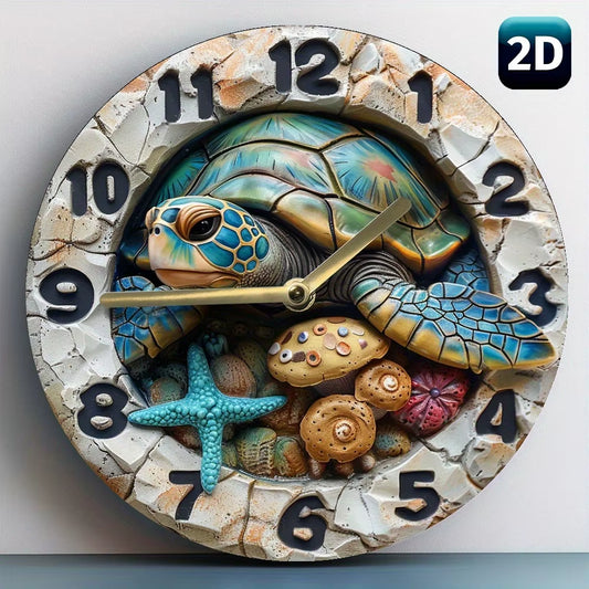 Wooden Wall - Clock with a Sea - Turtle and Seashells Pattern, Ideal for Coastal or Nautical Themed Rooms, Uses AA Batteries
