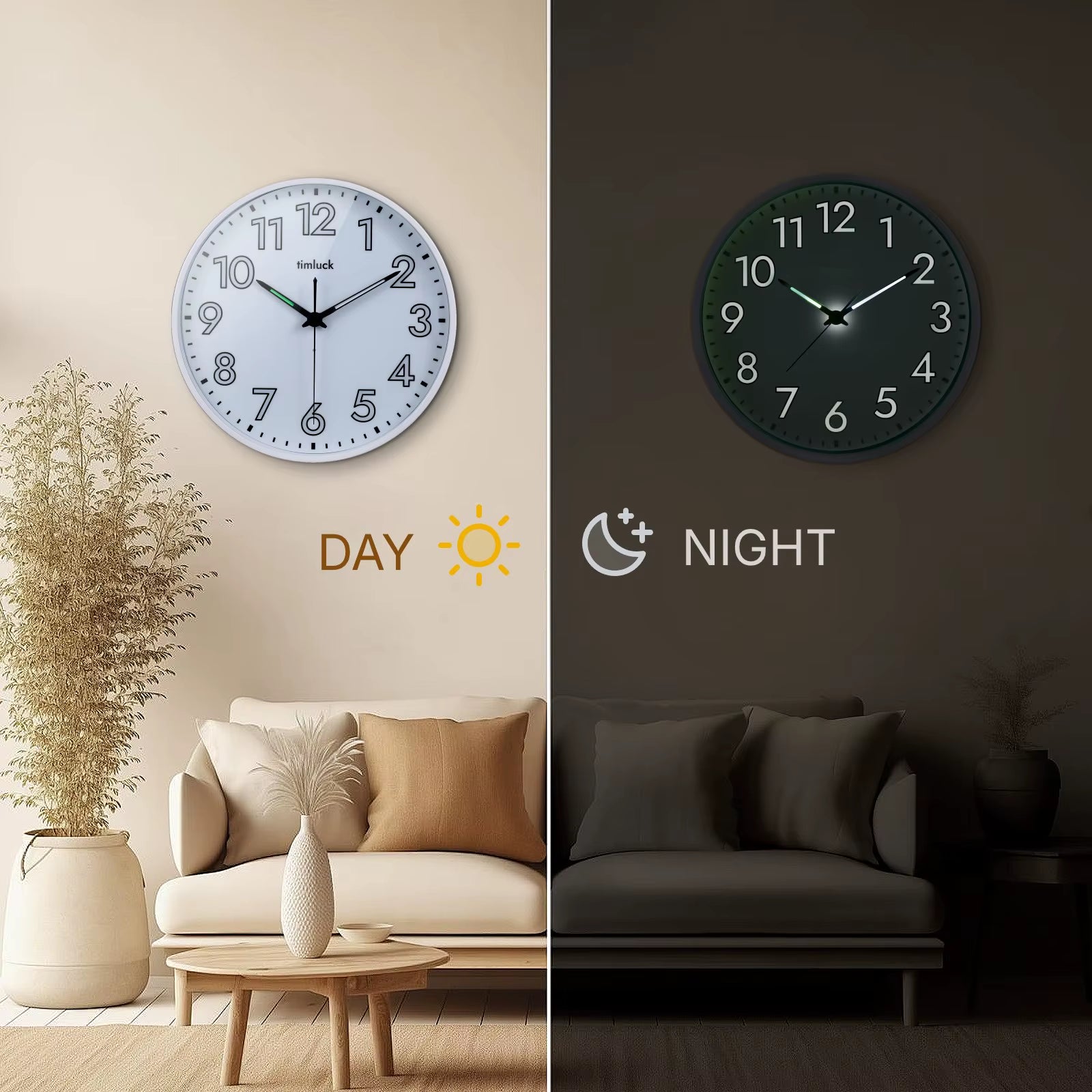 Silent Non-Ticking LED Wall Clock with Light Sensor, Auto-Illuminated Numbers & Hands, Adjustable Brightness, Non-Fluorescent