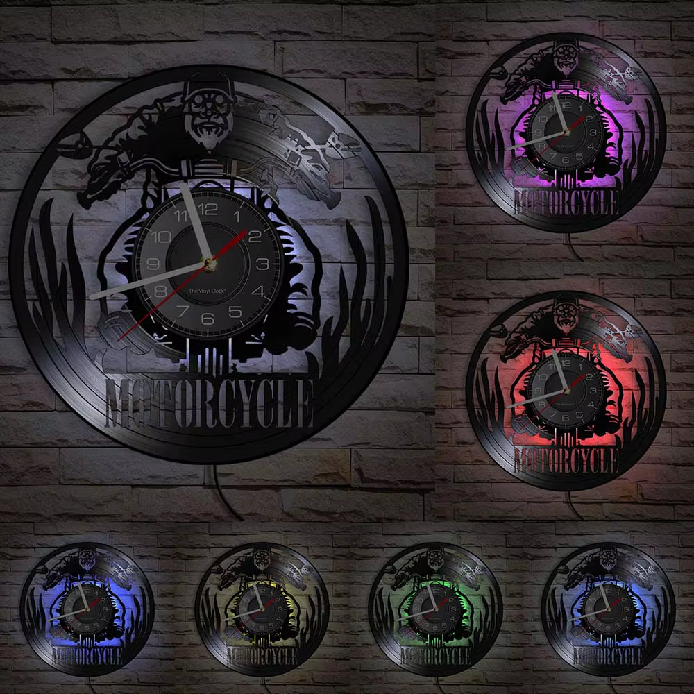Skull in Helmet Racer Motorcycles Wall Clock Racer Skull Biker Vinyl Record Wall Clock Halloween Home Decor Skull Rider Clock