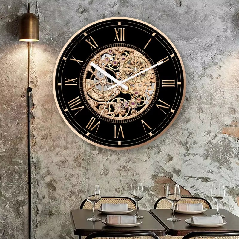 Retro Gear Fashion Clock Imitation Mechanical Quiet Quartz Clock Personality American Restaurant Bar Light Luxury Wall Clock