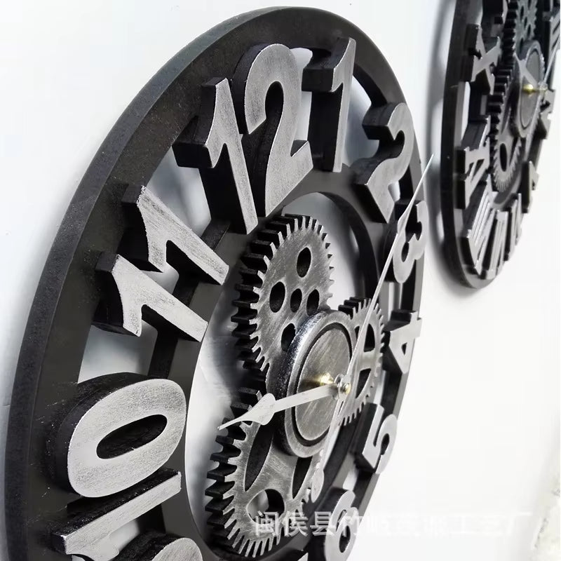 American Gear Vintage Wall Clock Industrial Wooden Silent Wall Clock Living Room Decorative Creative Wall Clock Large Timepiece