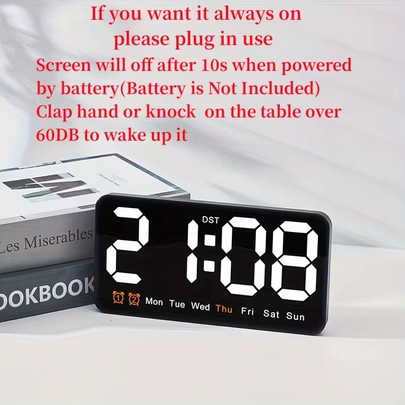 Voice Control Large Digital Wall Clock Temperature Date Week DST Snooze Table Clock 12/24H Dual Alarm Wall-Mounted LED Clock