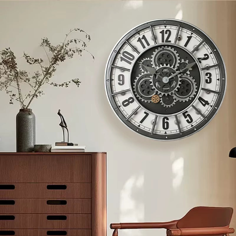 Retro Industrial Roman Wall Clock Gear Rotation Clock Living Room Decorative Wall Clock Stylish Silent Wall Clock Quartz Clock