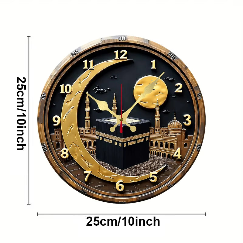 Black & Golden Kaaba Wooden round Silent Hanging Wall Clock, Suitable for Living Room,Office,Study Room,Bedroom, Home Decoration