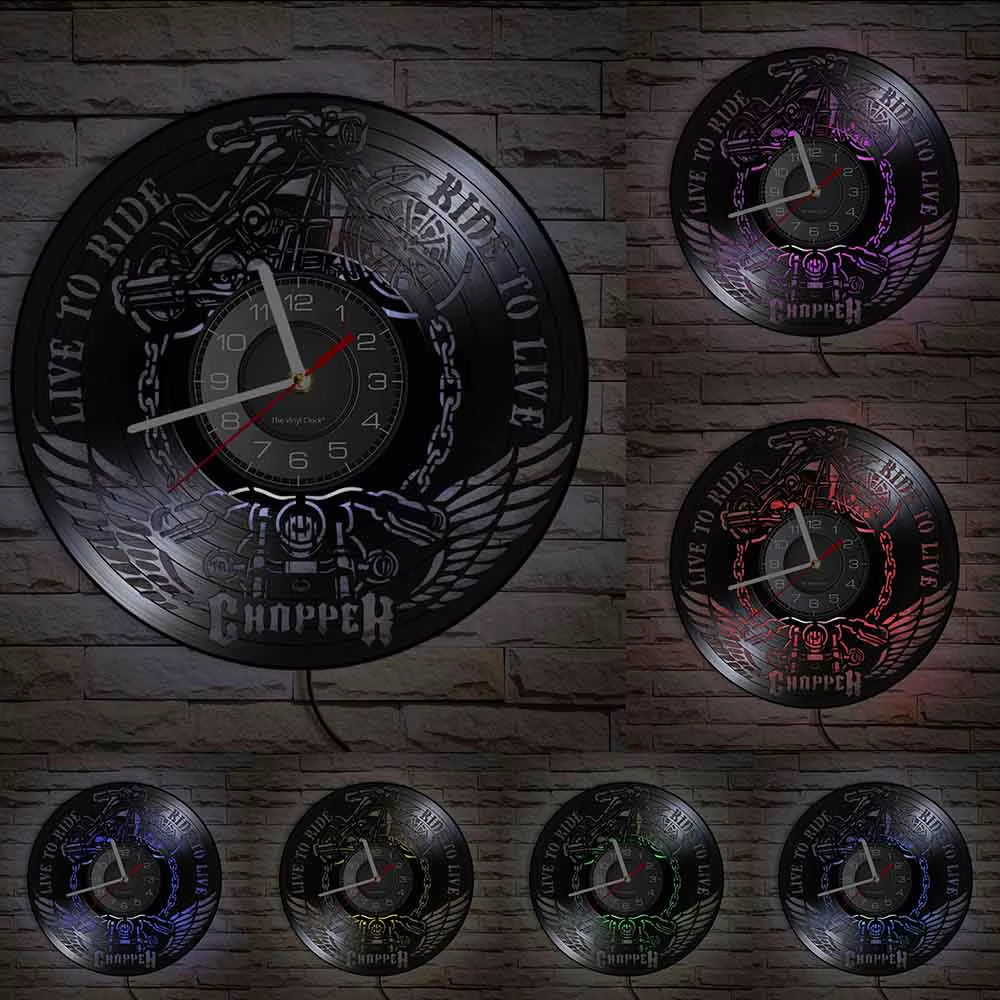 Skull in Helmet Racer Motorcycles Wall Clock Racer Skull Biker Vinyl Record Wall Clock Halloween Home Decor Skull Rider Clock