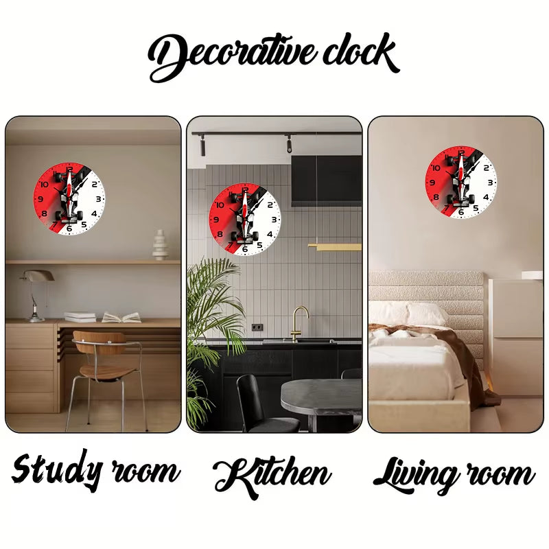 F1 Car Design Wooden round Silent Hanging Wall Clock, Suitable for Living Room, Office, Study Room, Bedroom, Home Decoration