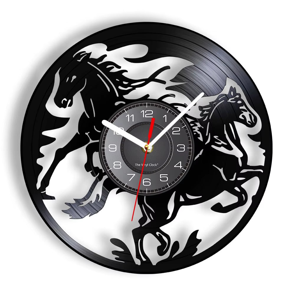Nature Black Running Horses Equine Wall Art Wild Horses Clock Vintage Vinyl Record Wall Clock Horse Lover Home Decor Accessories