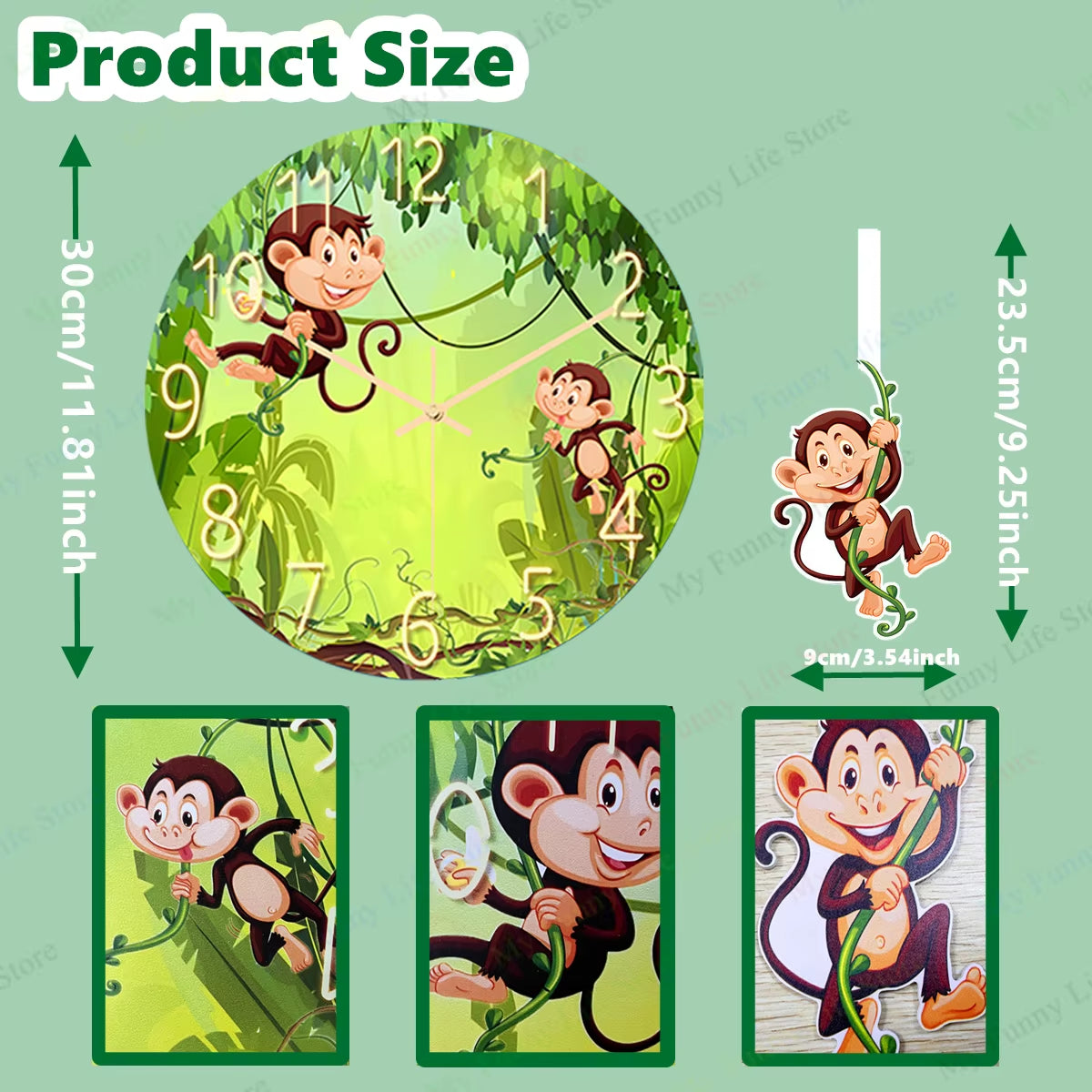 1Pc Wall Clock Cartoon Monkey Wall Mount Wall Art Clock PVC Frameless Clock Wall Clock for Children'S Room Mechanic Silent Watch