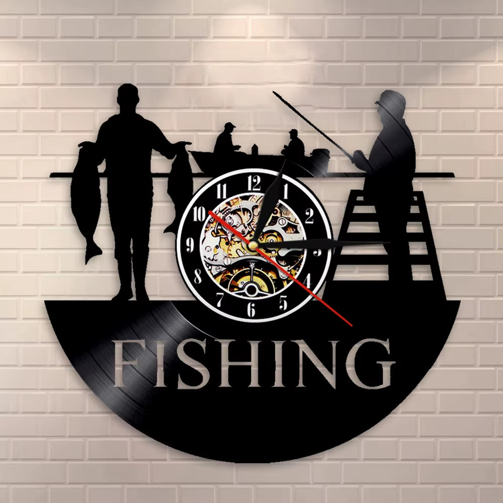 Go Fishing Art Decor Wall Clock Fisherman Modern Design Vinyl Record Hanging 3D Watches Unique Handmade Gift for Sea Humter