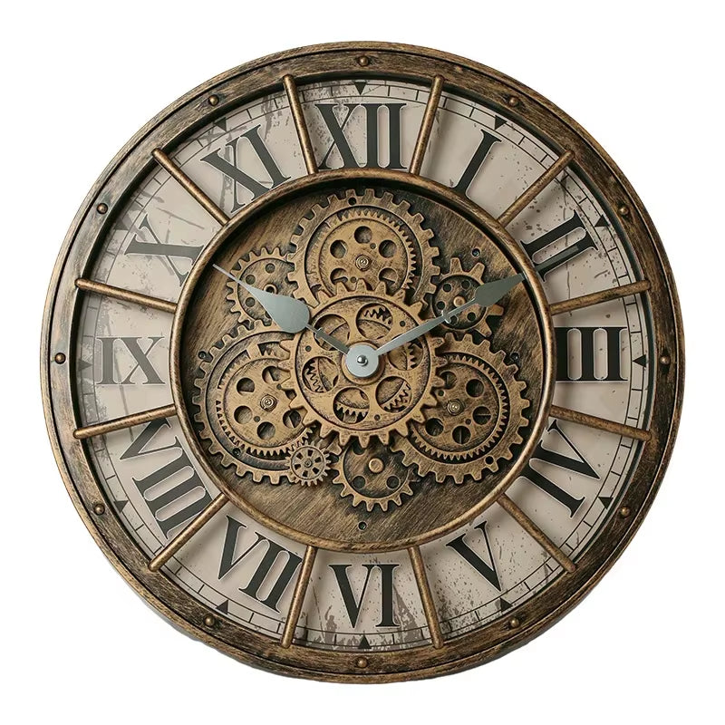 Retro Industrial Roman Wall Clock Gear Rotation Clock Living Room Decorative Wall Clock Stylish Silent Wall Clock Quartz Clock