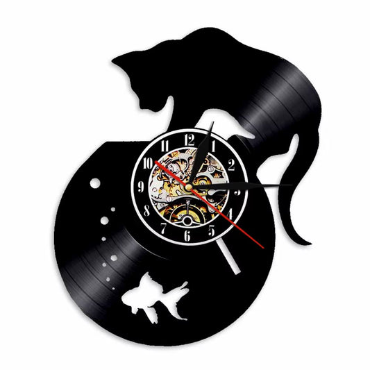Black Cat and Fishbowl Gold Fish Retro Vinyl Record Wall Clock Living Room Home Decor Gramophone Music Album Record Silent Clock