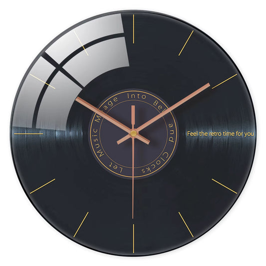 Creative Music Element Vinyl Record Pattern Tempered Glass Wall Clock Living Room Bedroom Kitchen Home Decoration Wall Clock Silent Quartz Clock Holiday Gift 12 Inches 14 Inches 16Inch (Without Batteries)