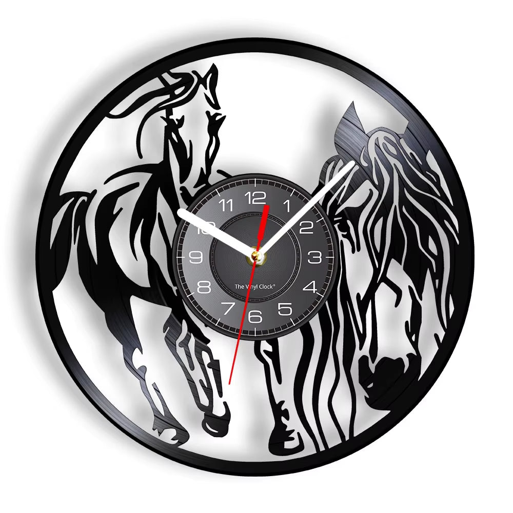 Nature Black Running Horses Equine Wall Art Wild Horses Clock Vintage Vinyl Record Wall Clock Horse Lover Home Decor Accessories