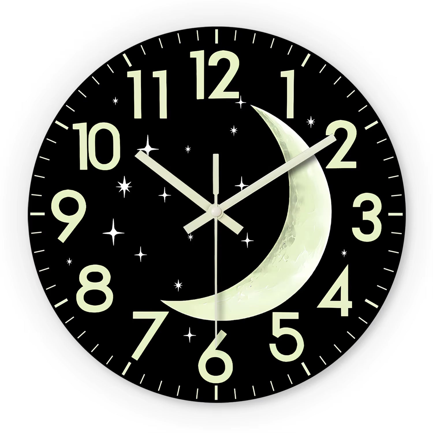 Creative and Simple Night Star and Moon Luminous Wooden Wall Clock Living Room Bedroom Kitchen Home Decoration Wall Clock Silent Quartz Clock Holiday Gift 12 Inches 14 Inches 16Inch (Without Batteries)