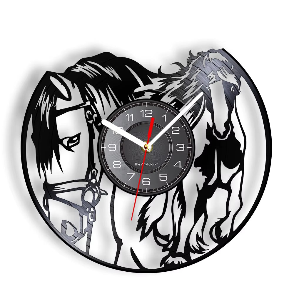 Nature Black Running Horses Equine Wall Art Wild Horses Clock Vintage Vinyl Record Wall Clock Horse Lover Home Decor Accessories