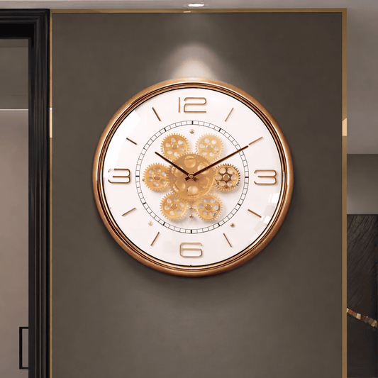 Horloge Murale "Aura Mechanical" – Design Cristal & Engrenages Or