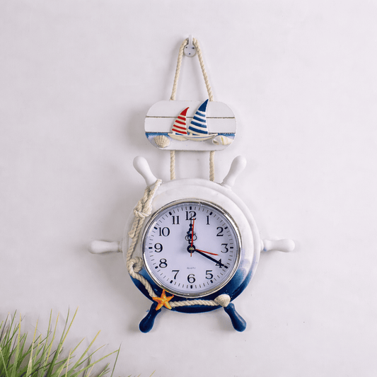 Horloge Murale "Rivage" – Ancre & Gouvernail en Bois Style Méditerranéen Rétro