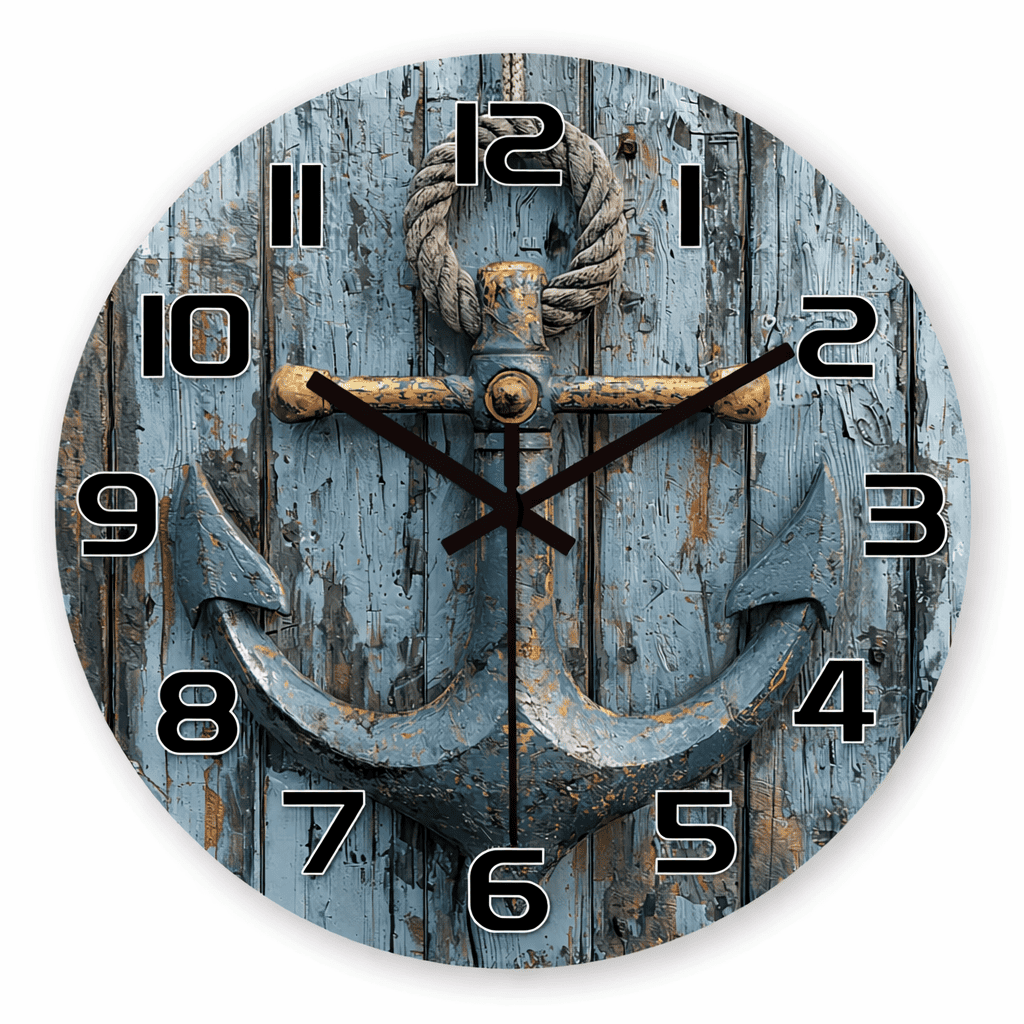 Horloge Murale Marine Silencieuse – Ancre sur Bois Bleu Style Côtier
