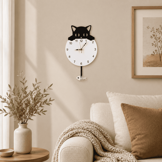 Horloge Murale "Black Cat Tail Swing" – Chat Pendule & Queue Poisson Mobile