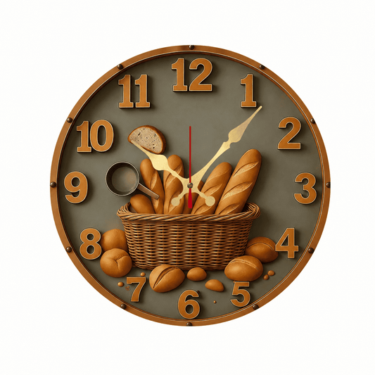 Horloge murale de cuisine en bois — motif panier à pain, silencieuse