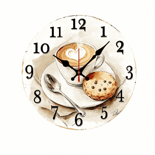 Horloge murale de cuisine en bois — motif café et pâtisserie, silencieuse