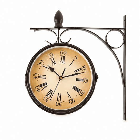Horloge murale double face en fer forgé — style gare, potence 30 cm