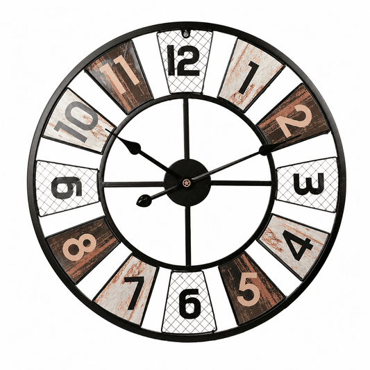 Grande Horloge Murale 60 cm en Métal — Cadran Effet Bois Patiné