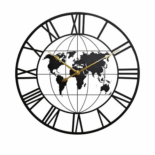 Horloge Murale "Iron Vintage Industrial" – Design Mappemonde & Chiffres Romains