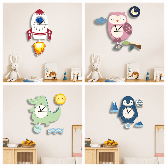 Horloge Murale Enfant Silencieuse – Décoration Chambre Bébé Motifs Animaux Originaux