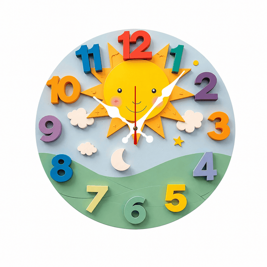 Horloge Murale Enfant "Soleil Cartoon" 25cm – Bois & Quartz Silencieux