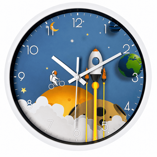 Horloge Murale "Astronaute & Fusée" – Design Spatial HD & Silence Absolu