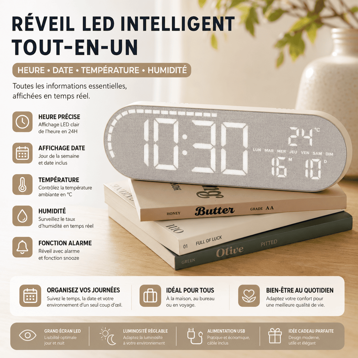 Minimalist Design Digital Wall Clock Silent Operation Nordic Style Alarm Clock Temperature Date Display Hanging Mount