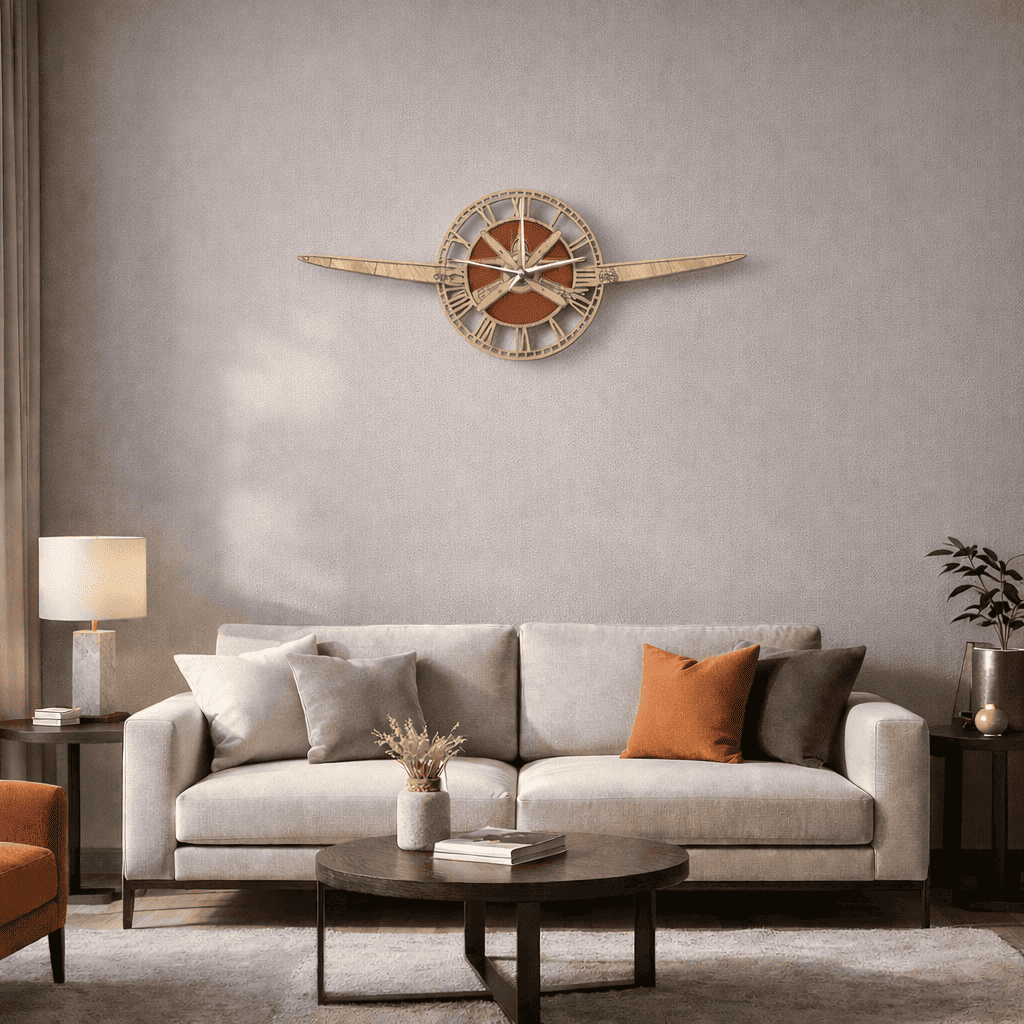 Horloge murale décorative en forme d’avion avec ailes en bois et cadran circulaire, diamètre 30 cm, installée au-dessus d’un canapé clair dans un salon moderne et chaleureux aux tons beige et terracotta.