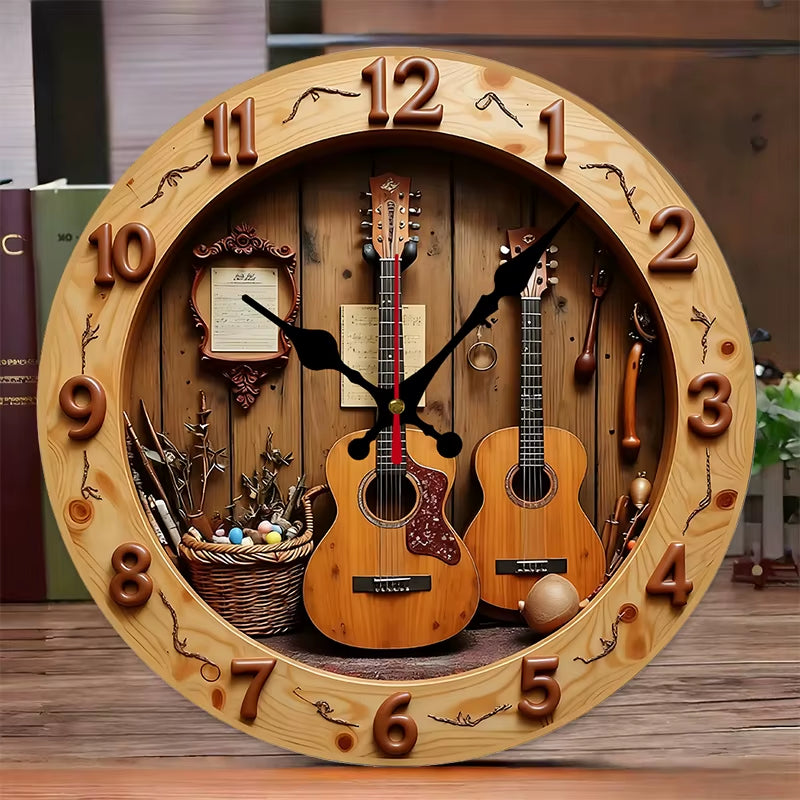 Horloge murale décorative en bois avec guitares, installée sur mur intérieur style salon moderne, mouvement silencieux