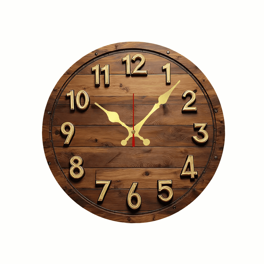 Horloge murale ronde en bois massif avec chiffres dorés, design vintage et mécanisme silencieux