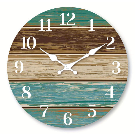 Horloge murale ronde en bois vintage multicolore avec chiffres blancs, design rustique et décoration murale pour salon ou chambre