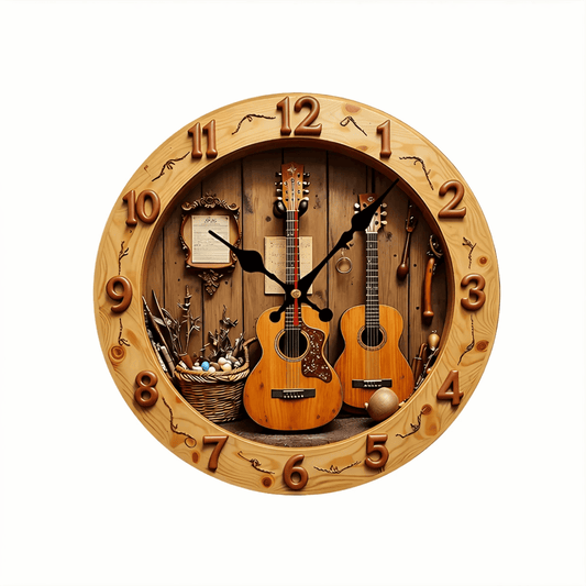 Horloge murale en bois décor guitare vintage avec mécanisme silencieux, idéale pour salon, chambre ou studio musique