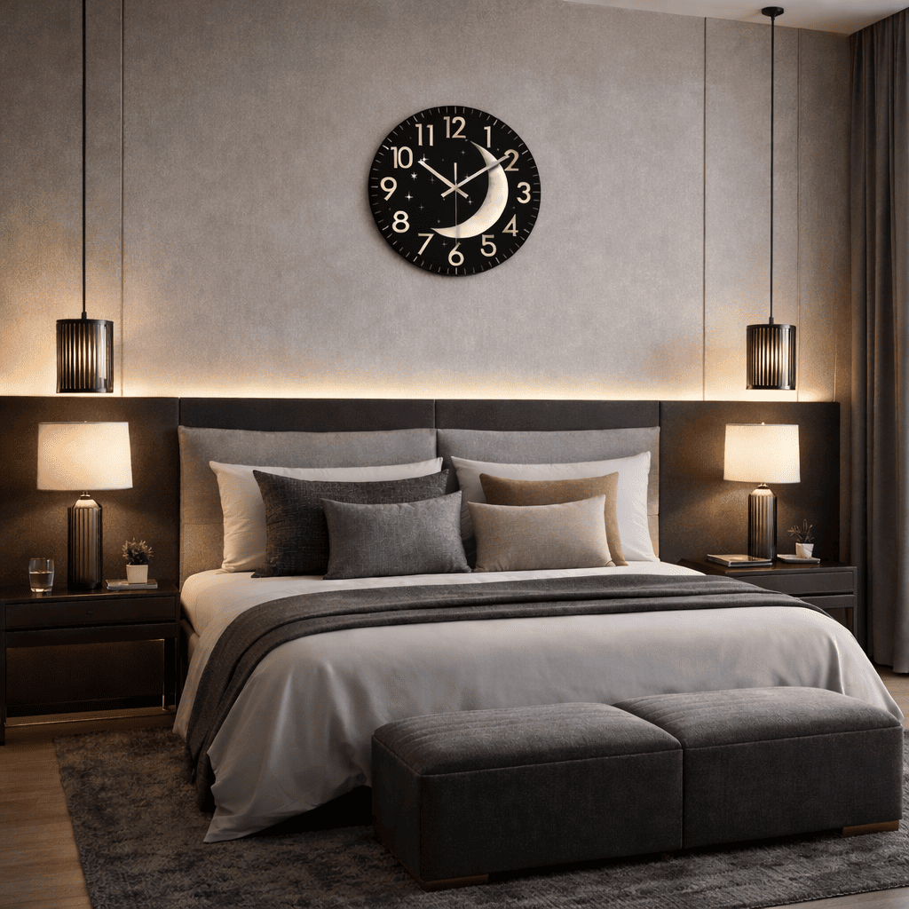 Horloge murale noire avec motif lune accrochée au-dessus d’un lit dans une chambre design moderne aux tons gris et beige, ambiance élégante et minimaliste