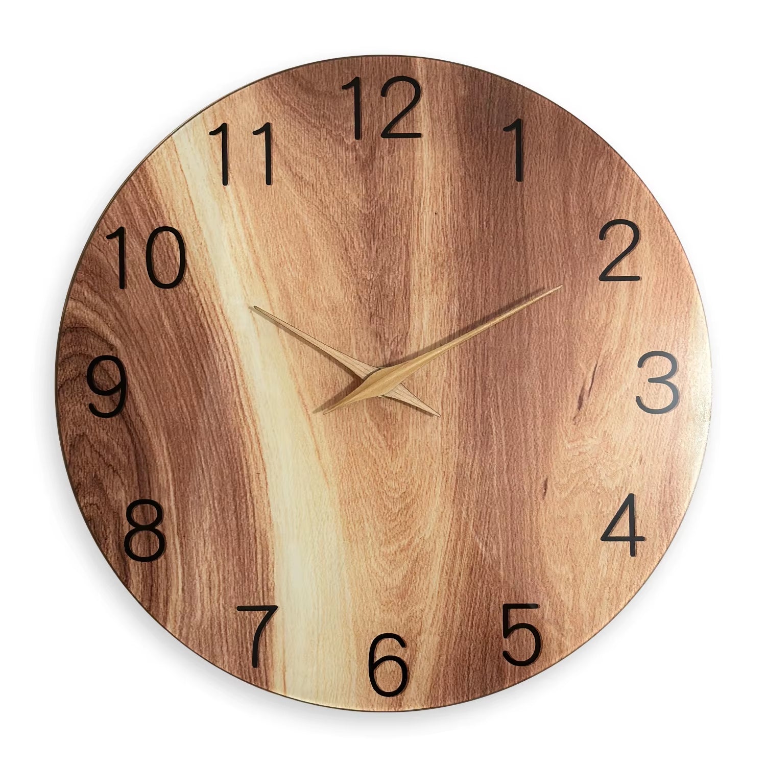 Horloge murale silencieuse en bois naturel avec chiffres noirs et mouvement quartz sans bruit pour salon ou chambre