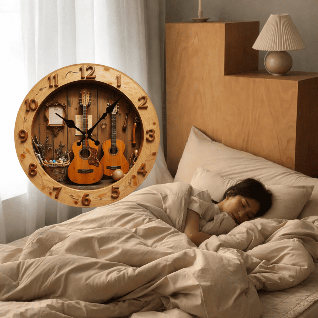 Horloge murale silencieuse en bois avec motif guitare dans une chambre cosy, parfaite pour un sommeil sans bruit