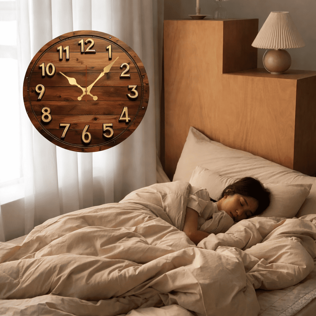 Horloge murale silencieuse en bois dans une chambre, sans bruit pour un sommeil paisible