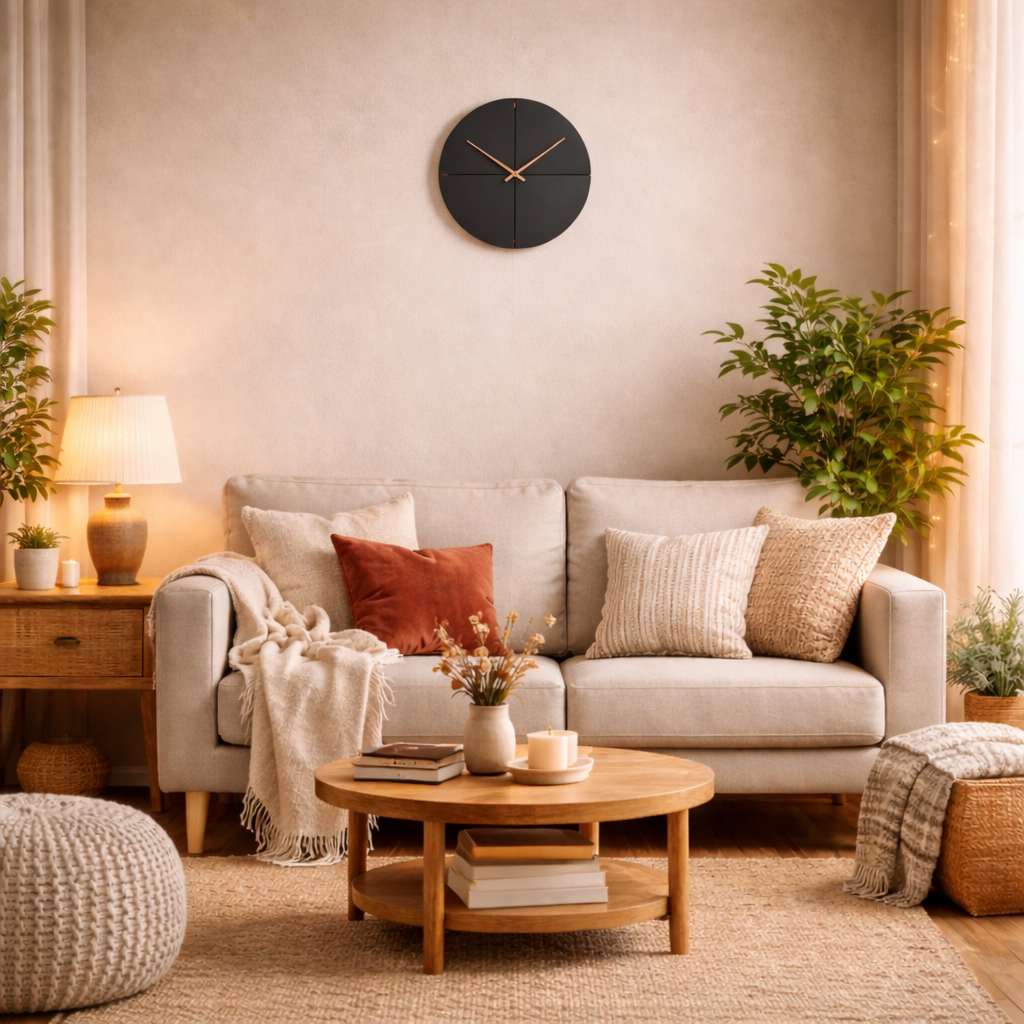 Horloge scandinave noire dans un salon cosy