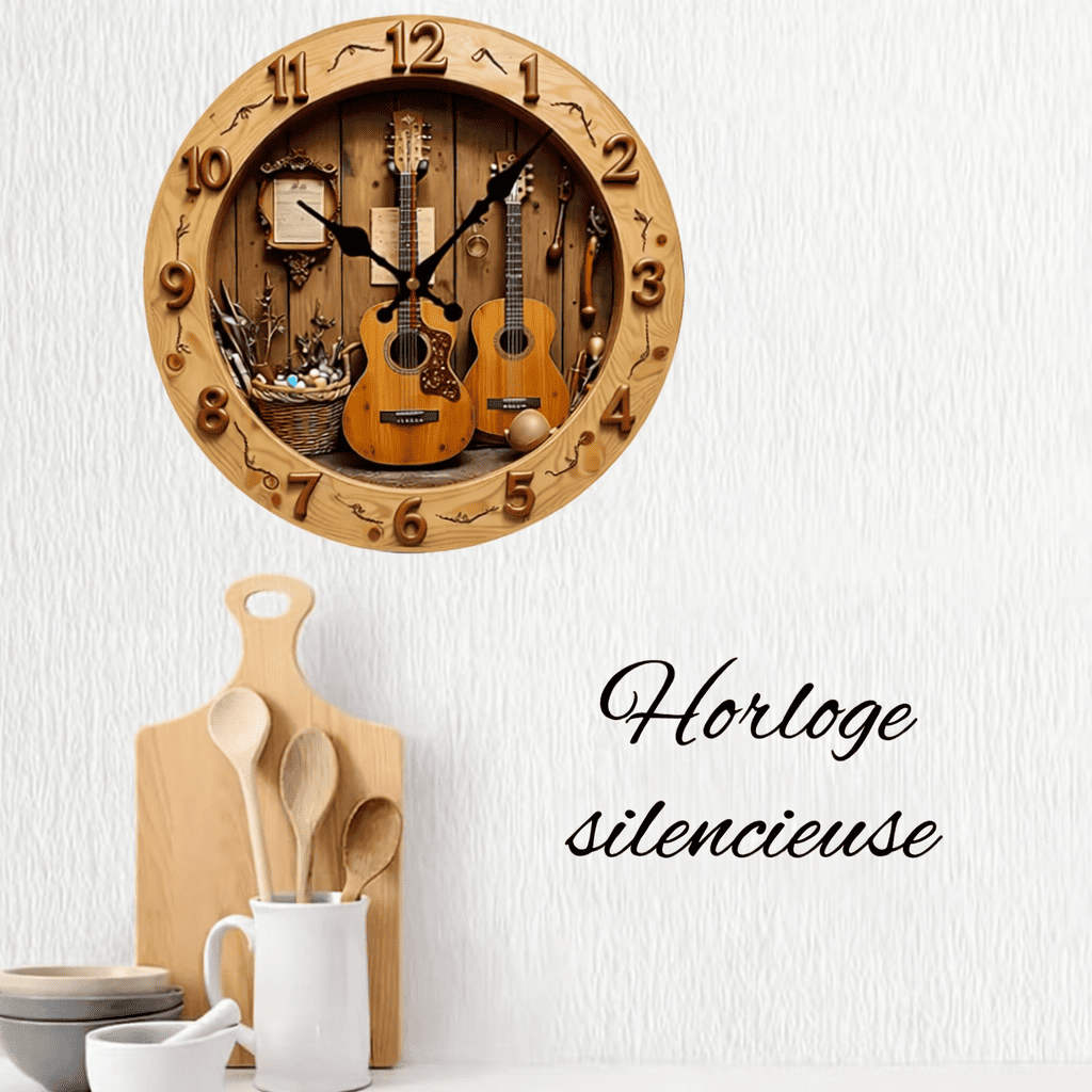 Horloge murale silencieuse design guitare en bois naturel, décoration murale originale pour cuisine ou salon
