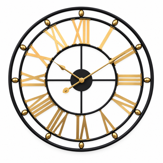 Grande horloge murale 60 cm – fer forgé noir et chiffres romains dorés