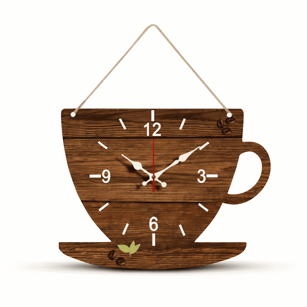 Horloge murale originale en forme de tasse à café, bois effet naturel, décoration murale cuisine style café