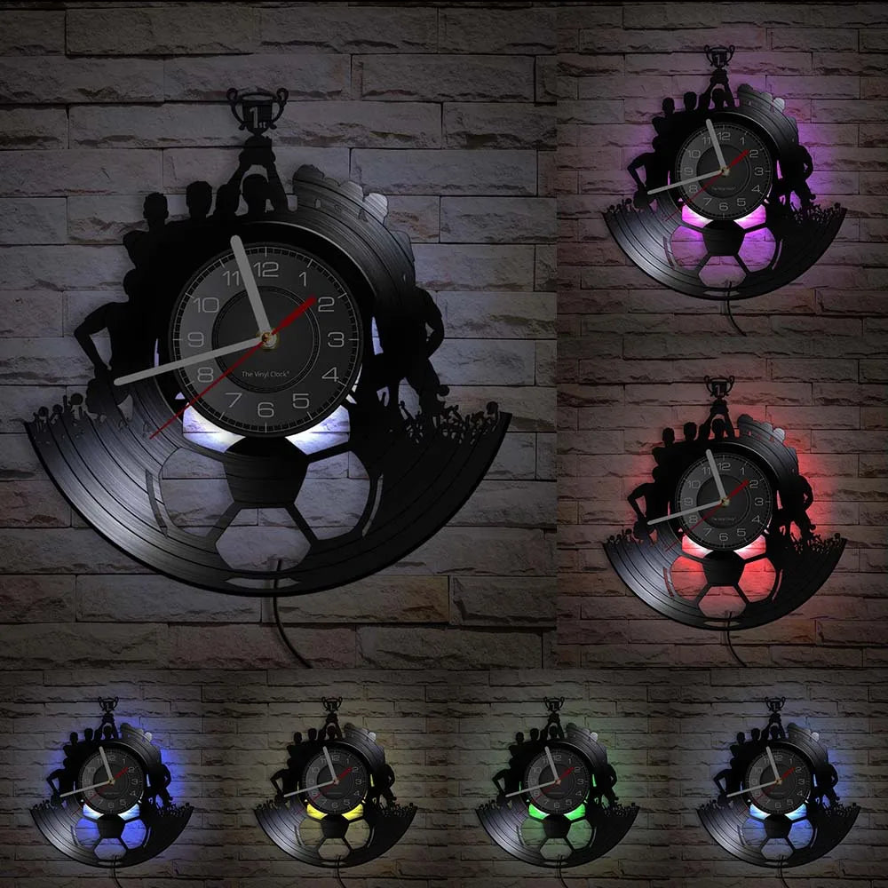 Football Vinyl Record Wall Clock for Bedroom Home Decor Clock Forward and Goalkeeper Laser Cut Music Album Decorative Wall Watch