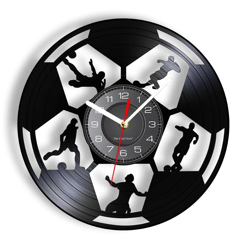 Football Vinyl Record Wall Clock for Bedroom Home Decor Clock Forward and Goalkeeper Laser Cut Music Album Decorative Wall Watch