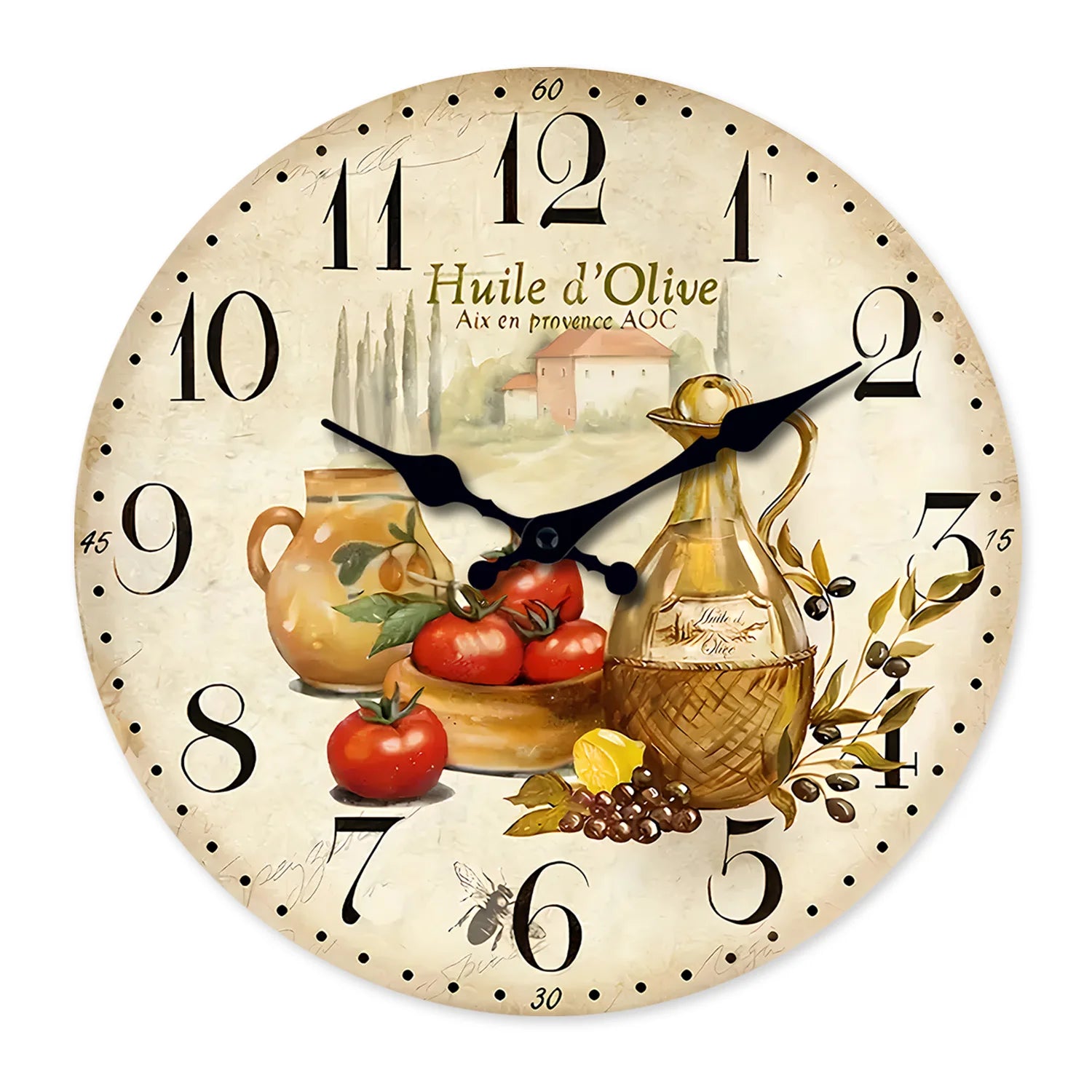 Horloge Murale En Bois Vintage Motif Huile D'Olive Et Tomate, Style Provence, Pour Salon, Chambre, Cuisine, Décoration Intérieure, Horloge Silencieuse À Quartz, Cadeau De Fêtes, 10 Pouces, 12 Pouces, 14 Pouces, 16 Pouces (Sans Pile)
